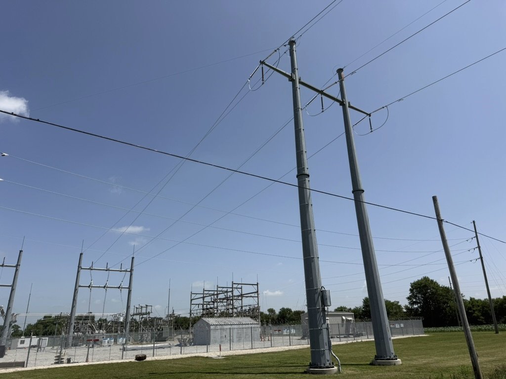 Transmission poles beside the utility substation adjacent to the Union City site in Indiana